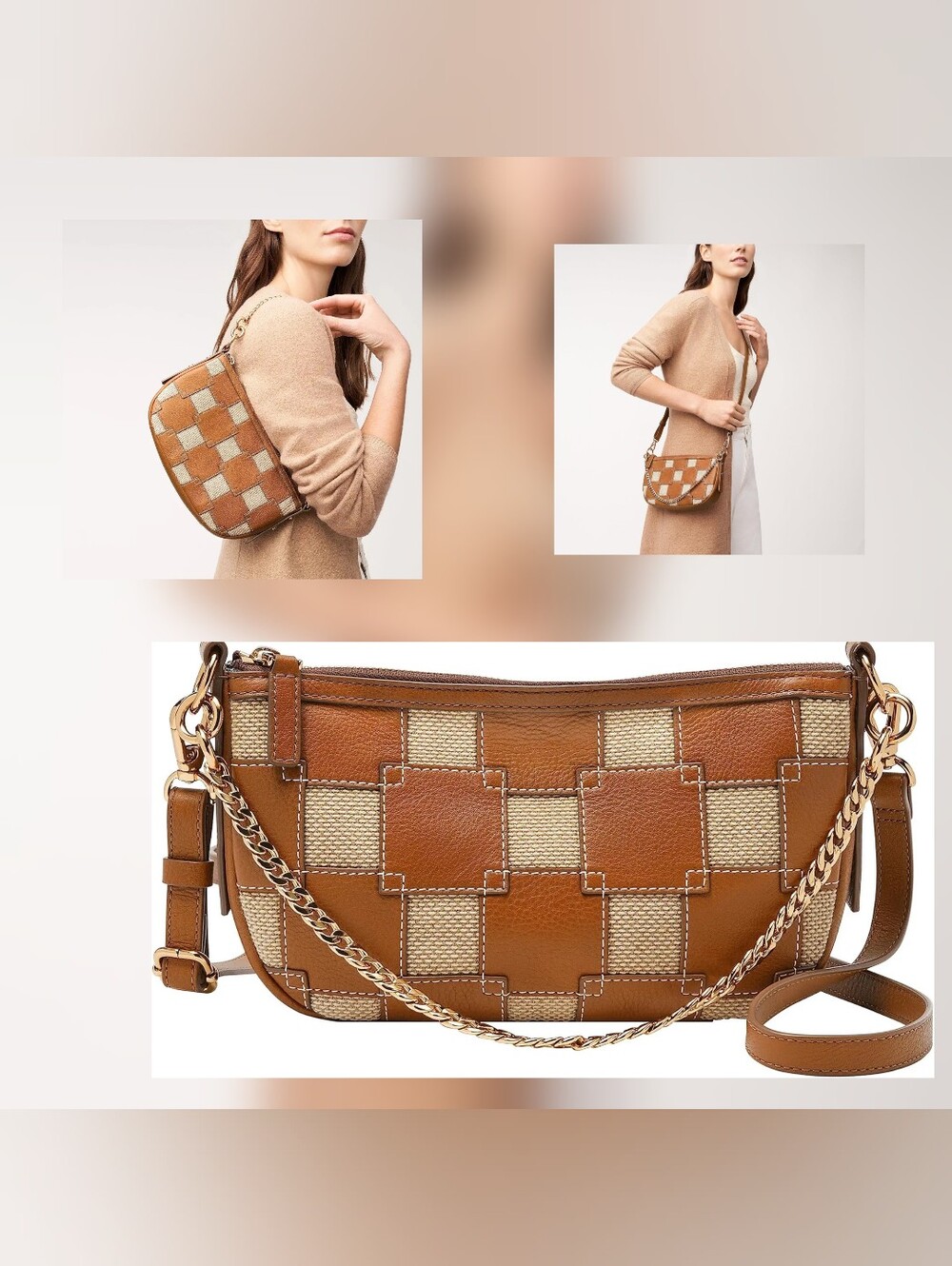 Fossil Tan Woven-Check Shoulder Bag